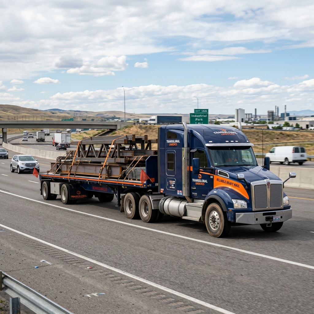 Modern flatbed trailer carrying steel structures in Dubai