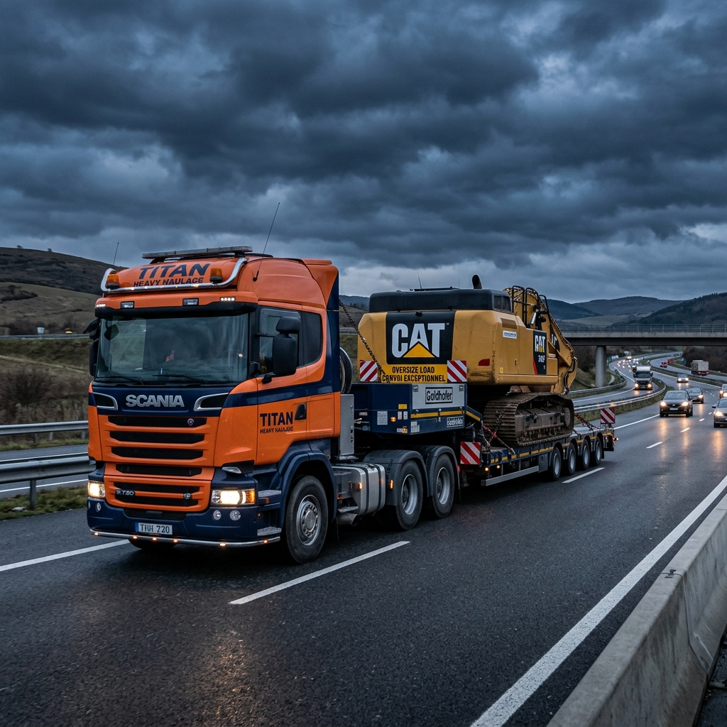 50-ton lowbed trailer transporting heavy construction machinery